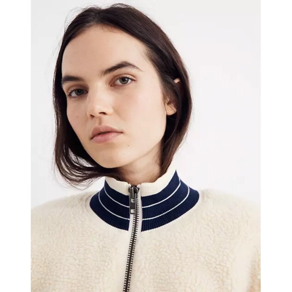 Madewell Sherpa Varsity Bomber Jacket in Ivory | Size XS - Picture 3 of 9